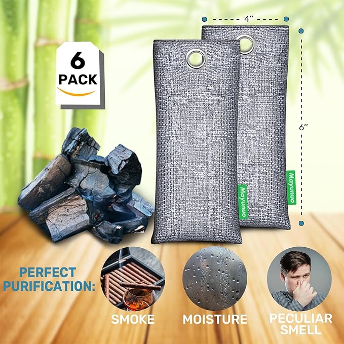 Activated Charcoal Odor Absorber, Natural Shoe Deodorizer Insert, Sneaker Odor Eliminator and Moisture Absorbers. 6 Pack Bamboo Charcoal Air Purifying Bags Shoe Smell Remover