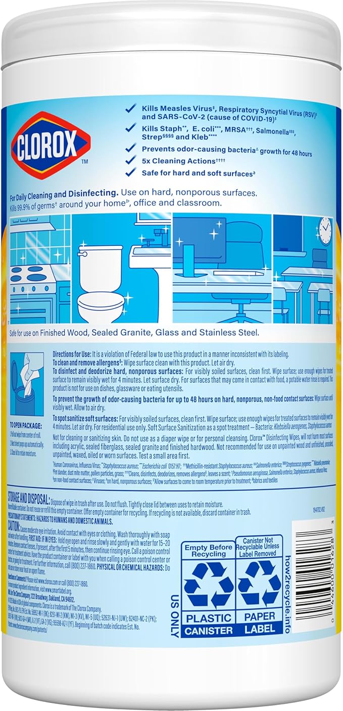 Clorox Disinfecting Cleaning Wipes, Antibacterial, Bleach Free, Crisp Lemon, 75 Count (Pack May Vary)