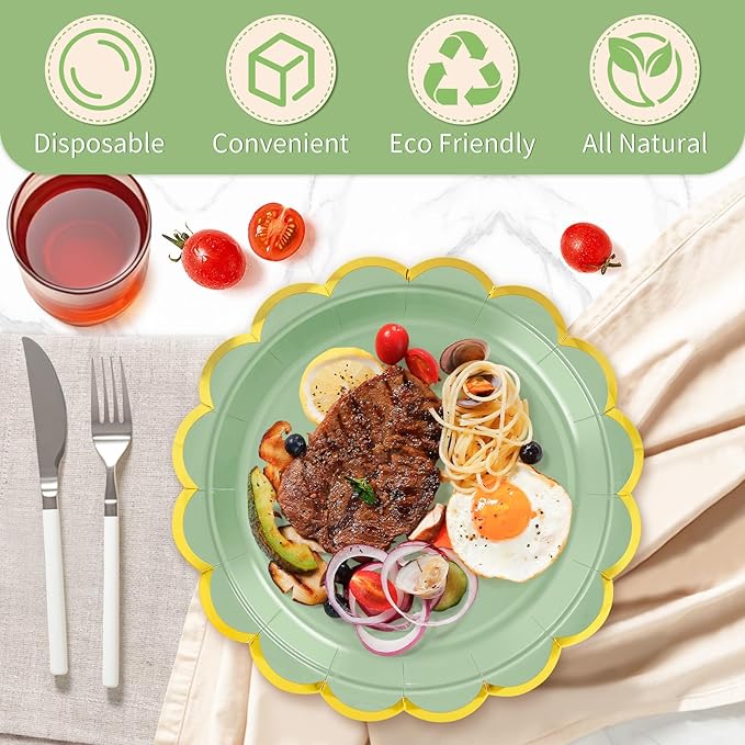 50 Pcs Sage Green Paper Plates, 25 Pcs 9" and 25 Pcs 7" Disposable Sage Green Scalloped Plates with Gold Foil for Graduation Wedding Baby Shower Birthday Party Picnic BBQ