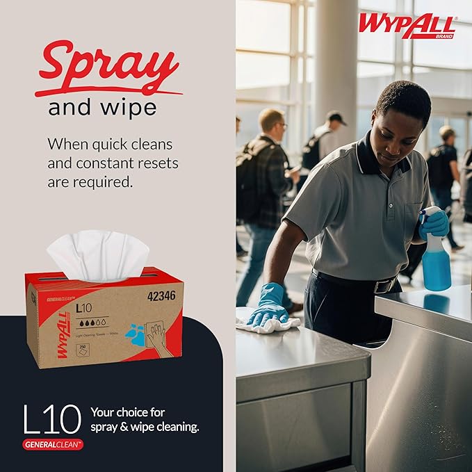 WypAll GeneralClean L10 Cloths Light Cleaning Wipes (42346), Pop-Up Box, Bulk Paper Wipers, White (24 Packs of 250 Sheets, 6,000 Sheet Total)