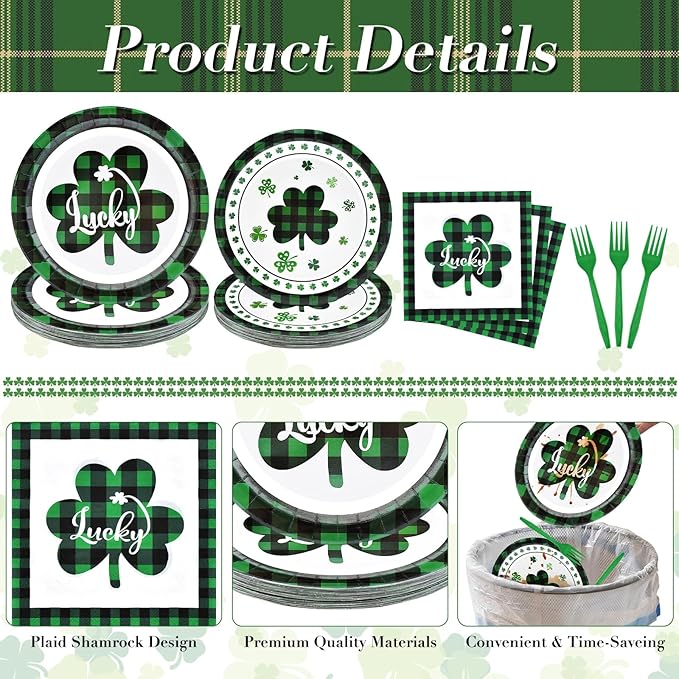 96 Pieces St. Patrick’s Day Tableware Set – Green and Black Plaid Shamrock Disposable Plates, Napkins, and Forks for Irish Party, Lucky Clover Celebration St. Paddy’s Day Dinner – Serves 24 Guests