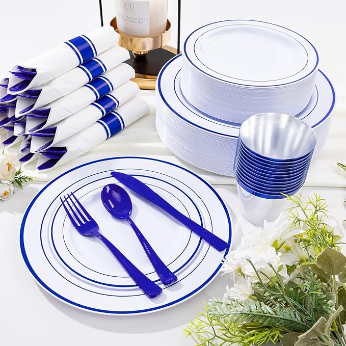 WELLIFE 700 Pcs Blue Plastic Plates for 100 Guests - Plastic Dinnerware Set,Party Supplies Includes 200 Blue Disposable Plates,300 Silverware,100 Napkins,100 Cups