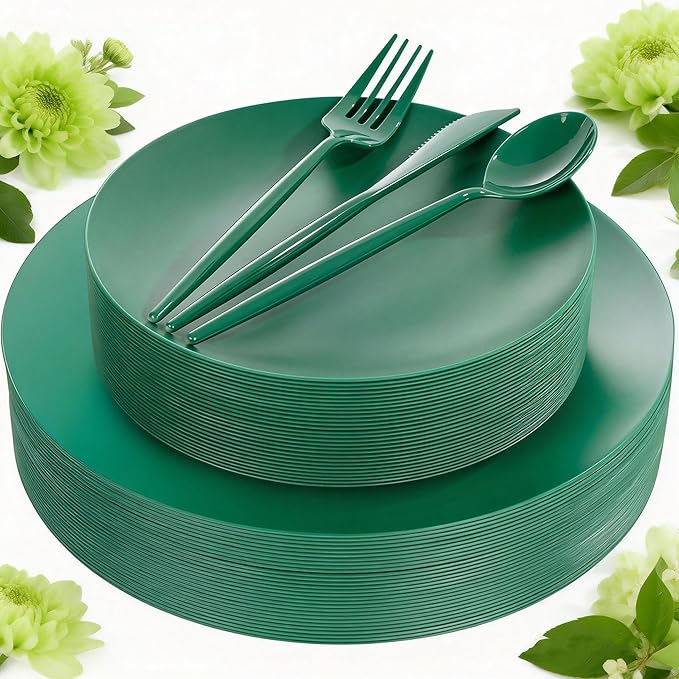 EI 150pcs Green Plastic Plates,Green Disposable Plates Heavy Duty,Fancy Plastic Dinnerware Set,Dinner Plate for Party,Picnic,Birthday,Wedding Afternoon Tea Spring,Soccer Plates,World Cup 2026