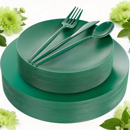 EI 150pcs Green Plastic Plates,Green Disposable Plates Heavy Duty,Fancy Plastic Dinnerware Set,Dinner Plate for Party,Picnic,Birthday,Wedding Afternoon Tea Spring,Soccer Plates,World Cup 2026