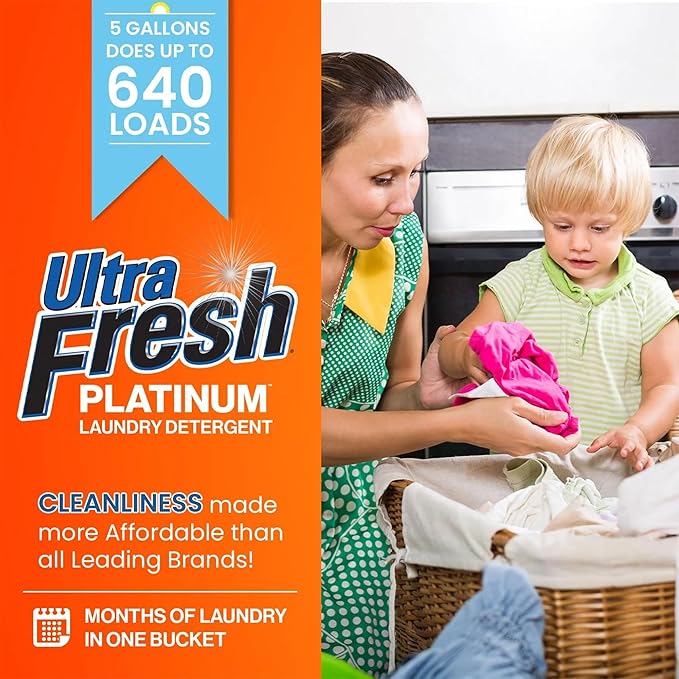 Ultra Fresh 4 Pack Liquid Laundry Detergent, 6X Platinum, 5 Gal, OXY Color Safe Bleach Alt™ - Household Cleaning Supplies and Accessories for Clothing and Fabric Items