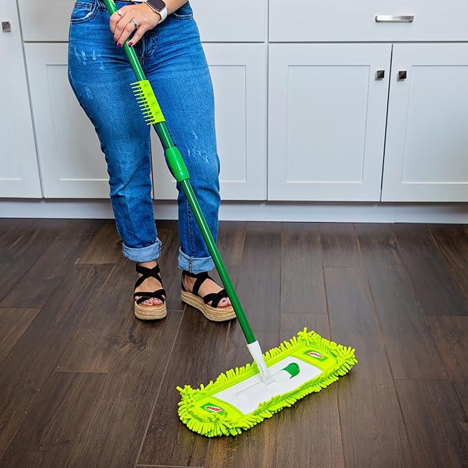 Libman Wide Glide Microfiber Dust Mop, Microfiber Fingers for Floor Cleaning, Hardwood, Laminate, Tile Cleaner, 360 Degree Swivel Head, 2 Piece Handle