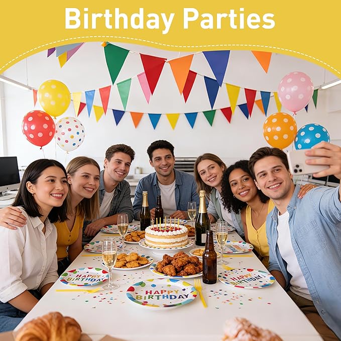 100 Pcs Birthday Party Supplies for 25 Guests, Heavy-Duty 7" & 9" Paper Plates, 2-Ply 13" Napkins & Plastic Forks, Disposable Rainbow Confetti "Happy Birthday" Tableware Set