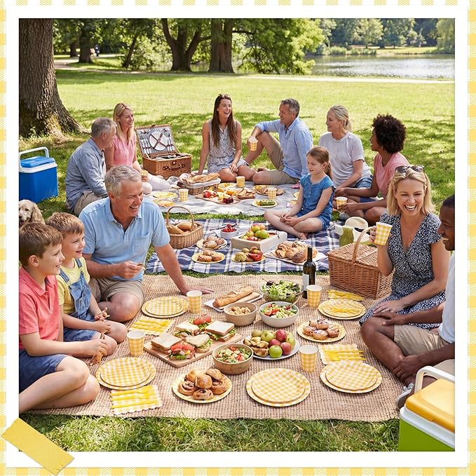 NatNarr 175 Pcs Gingham Party Supplies Include Yellow Gingham Plates and Napkins Cups Plastic Cutlery Disposable Yellow Checkered Plates Set for Golf Master Party, Picnic, Baby Shower