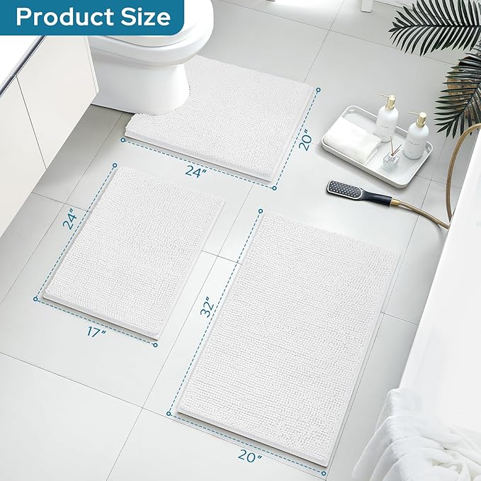 BYSURE White Bathroom Rugs Sets 3 Piece Non Slip Extra Absorbent Plush Chenille Soft Washable Bath Mats