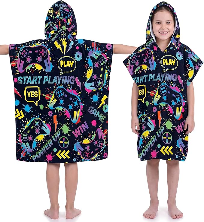 Fanfanwin Hooded Bath Towel for Boy Cotton Game Bath Hooded Poncho 37.8x23.62 Inches Cool Graffiti Game Poncho with Snap Buttons Hood Soft Rapid Dry for Beach Pool Swim Travel Home Use
