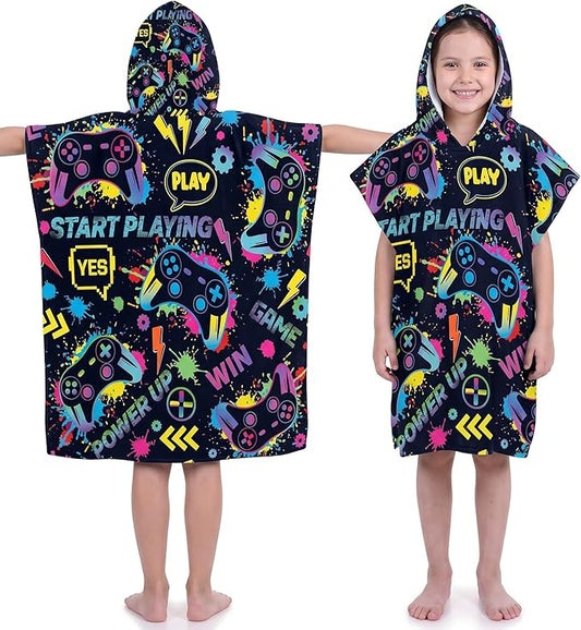 Fanfanwin Hooded Bath Towel for Boy Cotton Game Bath Hooded Poncho 37.8x23.62 Inches Cool Graffiti Game Poncho with Snap Buttons Hood Soft Rapid Dry for Beach Pool Swim Travel Home Use