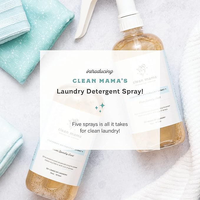 Clean Mama Laundry Detergent Spray & Pre-Treater - Natural Laundry Detergent Soap for Sensitive Skin - Eco-Friendly, HE Compatible - Unscented - 64+ Loads of Laundry, Starter + Refill, 16 oz Each