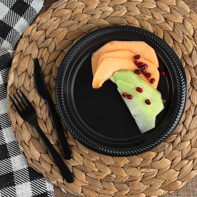 EcoQuality Disposable 6" inch Round Black Plastic Plates - China Like Party Plates, Heavy Duty Small Disposable Dessert Plates, Salad Plate, Weddings, Serveware (50)