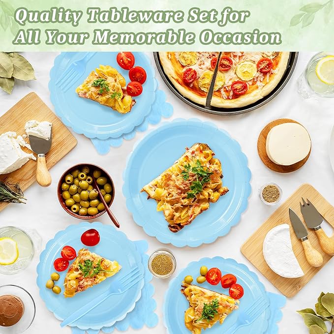 Mulbozy 100 Light Blue Paper Plates and Napkins Disposable Set Includes 25-9" & 25-7" Dessert Cake Scalloped Plates, Cocktail Napkins, Forks for for Holiday Party Supplies