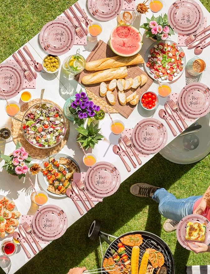 Nkaiso Birthday Party Tableware, 161 Pieces Pink and Rosegold Party Supplies, Party Dinnerware Sets Include Paper Plates Napkins Cups Silverware, for Shower Engagement Parties Decoration -20 Serves