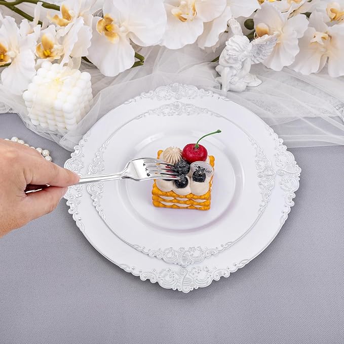 Liacere 150PCS Silver Plastic Plates with Silver Cutlery - Disposable Plastic Plates Include 30Dinner Plate, 30Dessert Plate, 30Knives, 30Spoons, 30Forks - Ideal for Wedding & Party