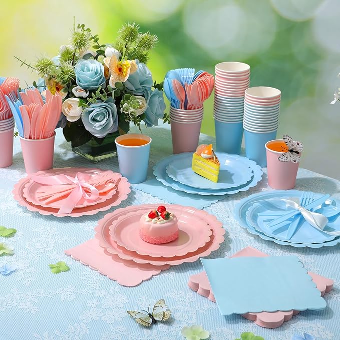 Ziliny 350 Pcs Pink Blue Plates and Napkins, 50 Guest Spring Party Supplies Include Scalloped Paper Plates Napkins Cups Plastic Spoons Forks Knives Disposable Tableware Set for Baby Shower