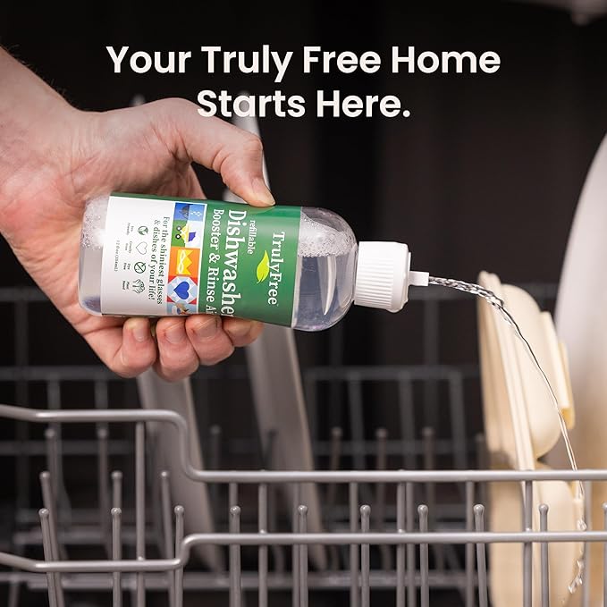 Truly Free Natural Dishwasher Booster & Rinse Aid Kit - Non-Toxic Dishwashing Aid Formula, Removes Residue & Tough Dish Stains, Water Spot Remover - 12 oz Reusable Empty Bottle + One Fill, 3 oz