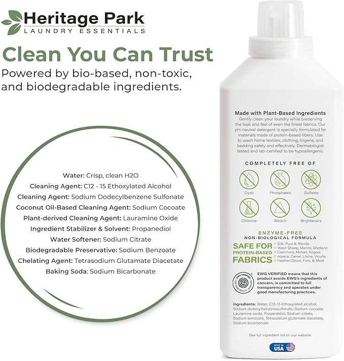 Heritage Park Silk & Wool Fragrance Free, Hypoallergenic, pH-Neutral Laundry Detergent - Dermatologist-tested, Sensitive Skin-Friendly, Enzyme-Free, Concentrated Up to 64 loads (32 fl oz)