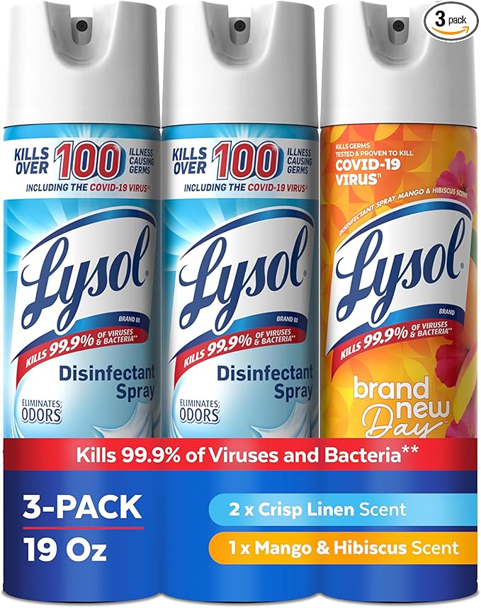 Lysol Disinfectant Spray, Household Cleaning Supplies, Disinfecting Multi-Purpose Room Spray, Antibacterial Sanitizer, Deodorizer, Kills Hantavirus, Crisp Linen + Mango & Hibiscus, 19 Fl Oz, 3-Pack