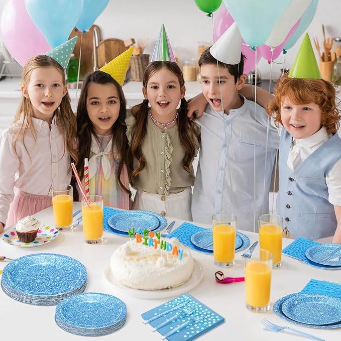 Hushee 350 Pcs Light Blue Holographic Print Party Supplies Guests Disposable Dinnerware Set Include Paper Plates, Napkins, Cups, Plastic Cutlery for Wedding Birthday Disco Bachelorette