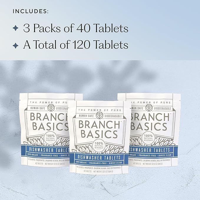 Branch Basics Dishwasher Tablets – 120 Ct | Plastic-Free, Fragrance-Free, Human-Safe | Delivers a Powerful Clean Without Harsh Chemicals (40 Count, Pack of 3)