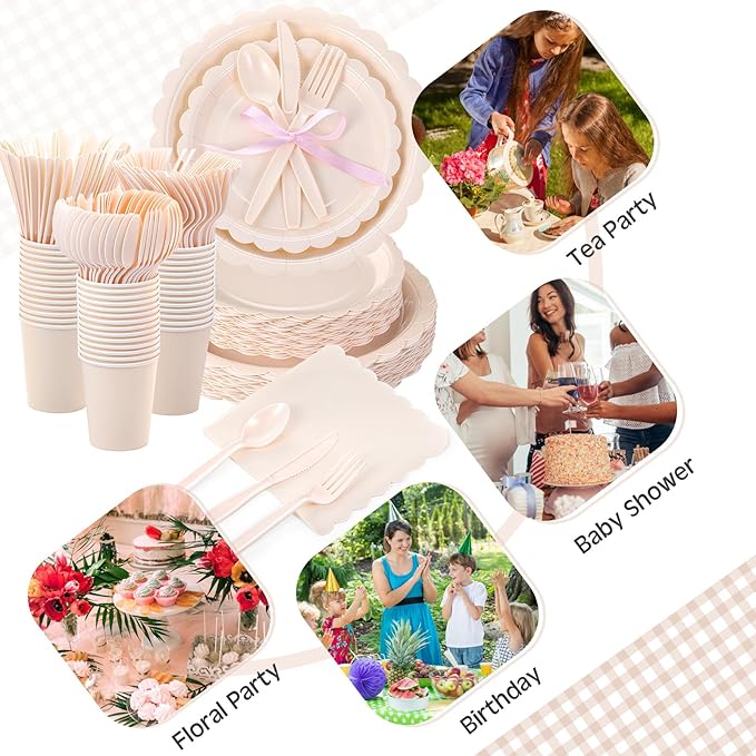 Ziliny 350 Pcs Ivory Plates and Napkins, 50 Guest Cream White Party Supplies Include Scalloped Paper Plates Napkins Cups Plastic Spoons Forks Knives Disposable Tableware Set for Weeding Bridal Shower