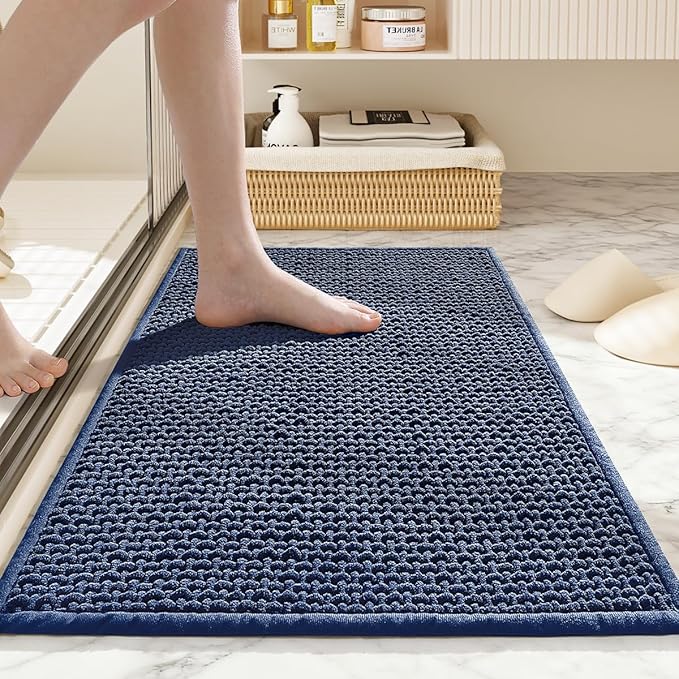 Bathroom Rugs Non Slip Washable, Super Absorbent Thin Bath Mat for Small Quick Dry Low Pile Bathroom Rug, (Navy Blue, 36″x24″)