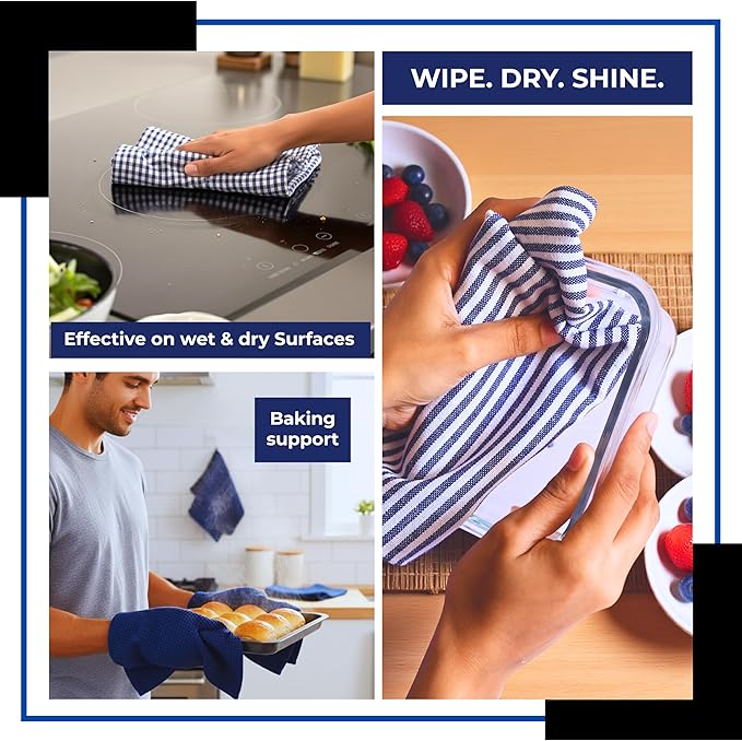 Cotton Dish Towels For Kitchen Drying - Highly Absorbent Navy Blue Striped Gingham Plaid Tea Towels - 18"X28" Set Of 6 Farmhouse Linen Dishtowels In Bulk - Pano De Prato Para Cozinha - T Towles Towls