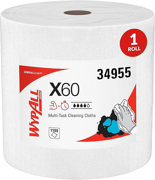 WypAll GeneralClean X60 Cloths Multi-Task Cleaning Wipes, Jumbo (34955), Strong and Absorbent Towels, White (1 Roll of 1,100 Sheets, 1,100 Sheet Total)