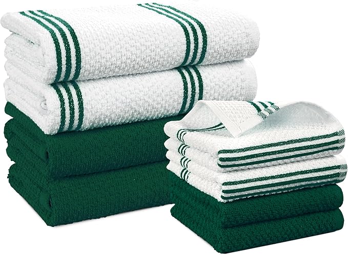 Casa Platino Kitchen Towel Set 8 Pc - 4 Dish Cloths for Washing Dishes (13"x13") & Kitchen Towels (16"x26") - Cotton Rich, Soft, Absorbent Wash Rags, Quick Dry & Durable Tea Towels for Wiping - Olive.