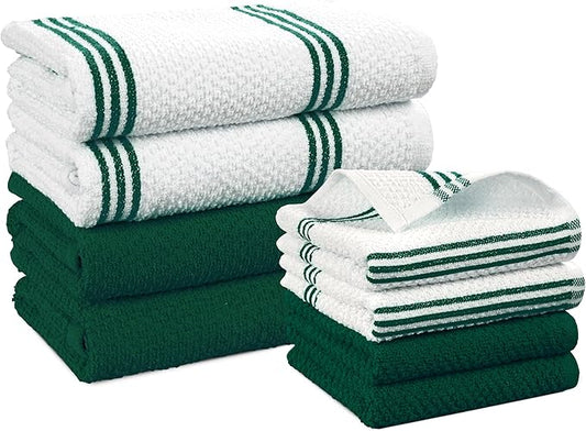 Casa Platino Kitchen Towel Set 8 Pc - 4 Dish Cloths for Washing Dishes (13"x13") & Kitchen Towels (16"x26") - Cotton Rich, Soft, Absorbent Wash Rags, Quick Dry & Durable Tea Towels for Wiping - Olive.