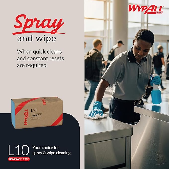 WypAll GeneralClean L10 Cloths Light Cleaning Wipes (05123), Windshield Towels, Bulk Paper Wipers, Blue (10 Packs of 224 Sheets, 2,240 Sheet Total)
