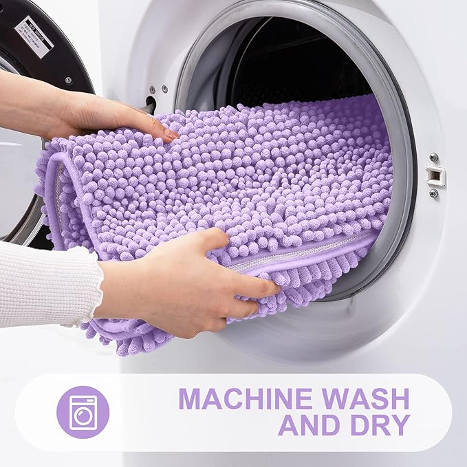 Grandaily Chenille Striped Bathroom Rugs 47x24, Extra Thick and Absorbent Bath Mats, Non-Slip Soft Plush Shaggy Shower Carpet, Machine Wash Dry, Bath Rug for Bathroom, Purple