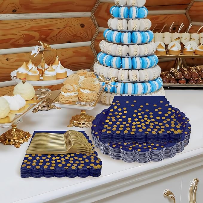Navy Blue and Gold Paper Plates and Napkins,7 Inch Navy Blue and Gold Scalloped Disposable Dessert Plates Paper Napkin Fork Party Supplies for Wedding Baby Shower Birthday(25 Guest)