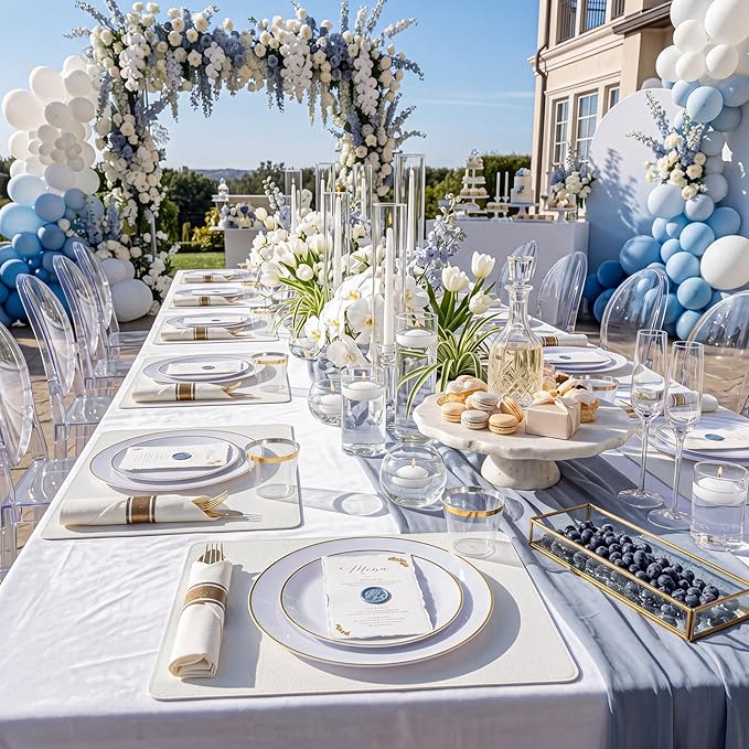 KIRE 100PCS Disposable Plates - White with Gold Rim Plastic Plates - Includes 50Pieces 10.25inch Dinner and 50Pieces 7.5inch Dessert/Salad Plate for Wedding/Spring Party/Graduation