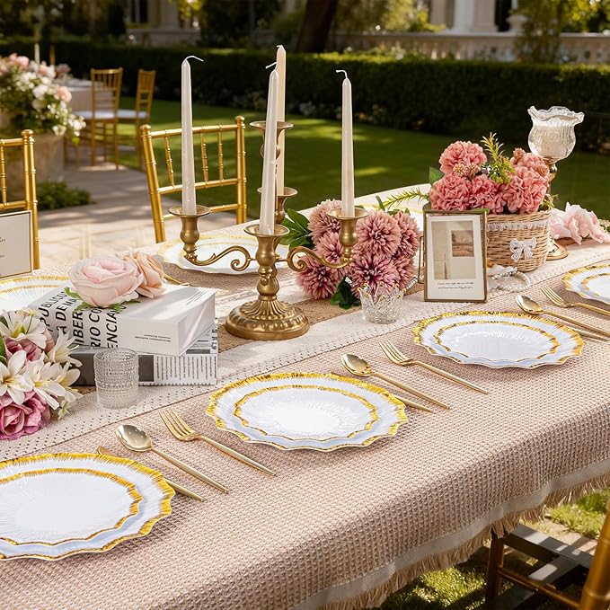 DaYammi 60Pcs White Plastic Plates with Gold Rim,Gold Disposable Plates - Heavy duty Plastic Plates Include 30 Dessert Plate,30 Dinner Plate,White gold Scalloped plates for Party Wedding
