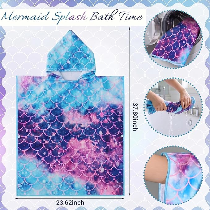 Fanfanwin Hooded Bath Towel for Girls Cotton Mermaid Bath Hooded Poncho 37.8x23.62 Inches Mermaid Poncho with Snap Buttons Hood Soft Rapid Dry for Home Swim Travel Beach Pool Under The Sea Party Gifts