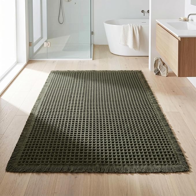 Waffle Bathroom Rugs, Non Slip Absorbent Waffle Knit Bath Mat for Shower Floor, Tub and Bathroom Door, Ultra Soft Quick Dry, Olive Green, 18"x30"