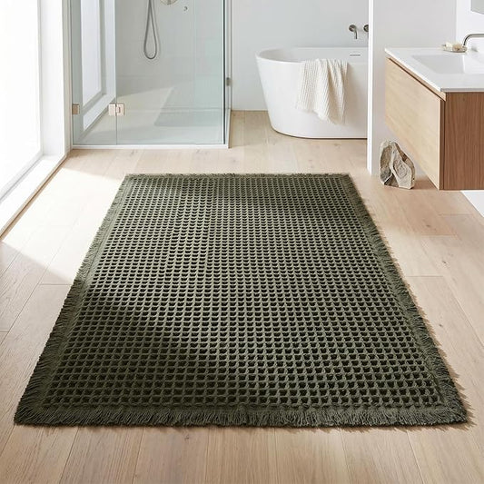 Waffle Bathroom Rugs, Non Slip Absorbent Waffle Knit Bath Mat for Shower Floor, Tub and Bathroom Door, Ultra Soft Quick Dry, Olive Green, 18"x30"