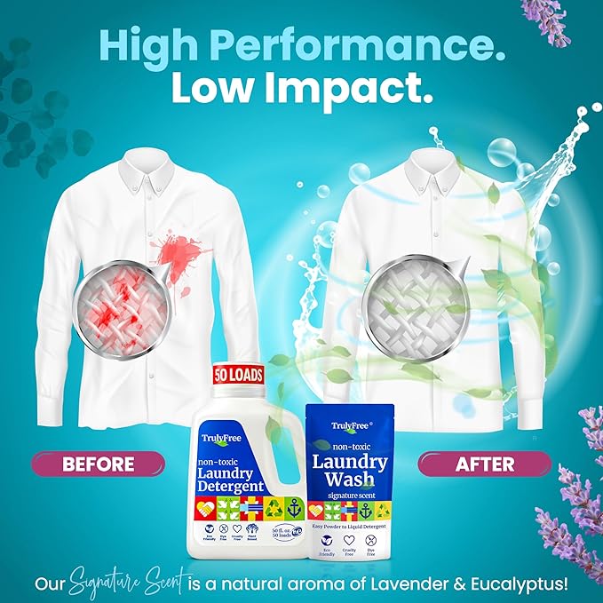 Truly Free Dishwasher Detergent + Laundry Detergent Bundle | Dishwasher Powder 1 Pack, 25 Loads | Laundry Wash Signature Scent, Powder to Liquid, 50 Loads | Non Toxic, Natural, Plant Based