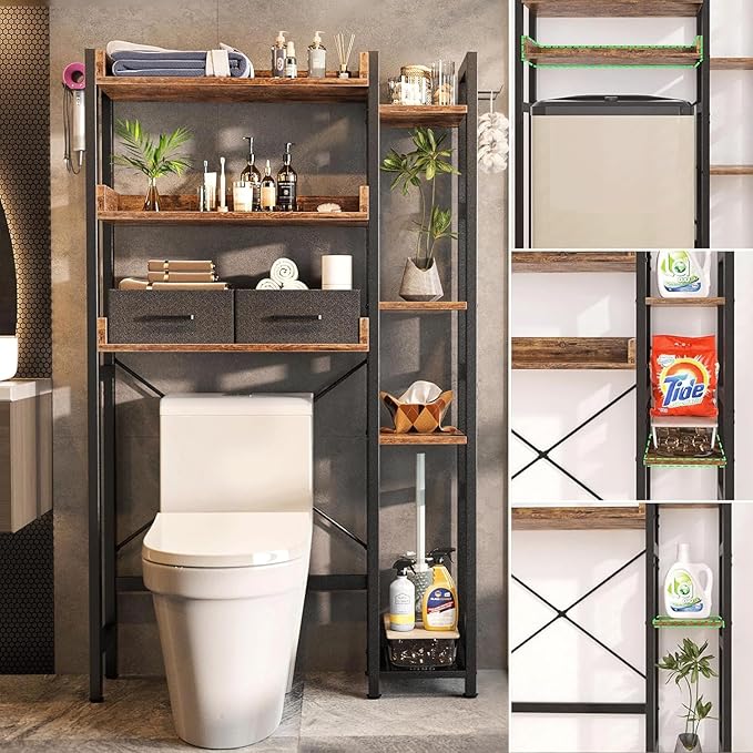 Over The Toilet Storage with Basket, Bathroom & Laundry Organizer, Freestanding Above Toilet Shelf with Adjustable Feet, Bathroom Storage Shelf with 4 Hooks for Restroom, Laundry, Rustic Brown