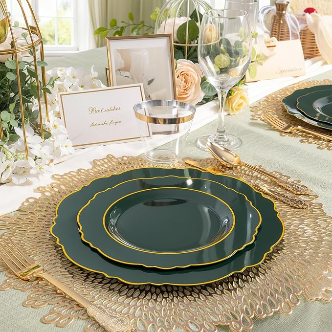 Liacere 350PCS Green Plastic Plates - Dark Green Disposable Plates With Gold Rim - 50Guest Baroque Plastic Dinnerware include 100Plates-50Pcs Pre Rolled Napkins with Silverware 50Cups for Party