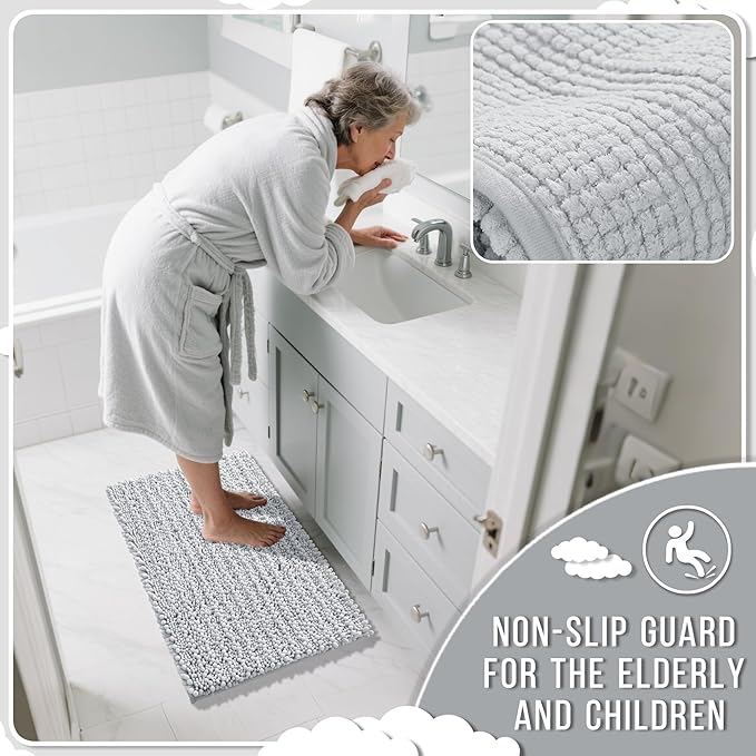 Yimobra Bathroom Rugs Non Slip Washable - Ultra Soft Absorbent Chenille Bath Mat, Quick Dry Shaggy Floor Carpet for Tub Shower, Silver Home Decor Accessories, 24x17 Inch