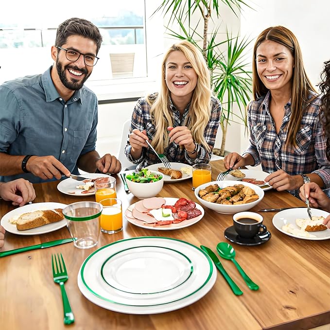 N9R 600PCS Green Plastic Dinnerware Set, Disposable Plastic Plates Includes 100 Dinner Plates, Dessert Plate, Cups, Spoons, Forks, Knives for 100 Guests, Perfect for Party, Wedding, Birthday