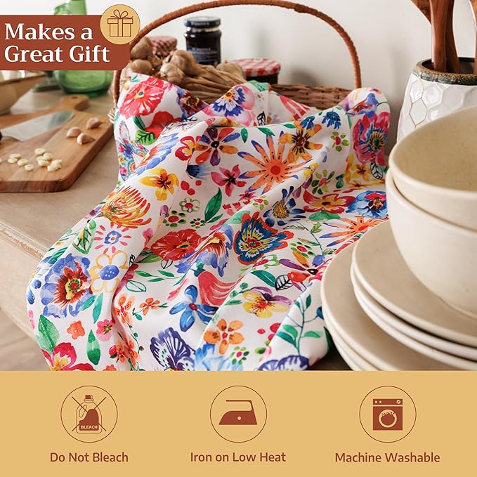 Maison d' Hermine Kitchen Towels Set of 3 100% Cotton 27.50" x 20" Reusable Cloth Tea Dish Towels Absorbent with Hanging Loop for Farmhouse Hotel Spring Summer - Happy Florals - High Summer