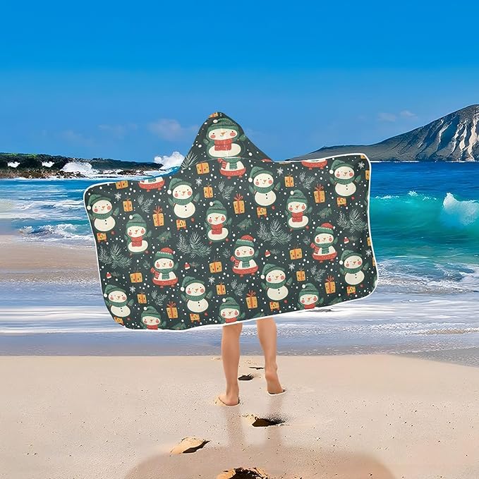 Kids Beach Towels Cartoon Cute Snowman Christmas Green Hooded Towels for Kids Absorbent Bath Towels with Hood