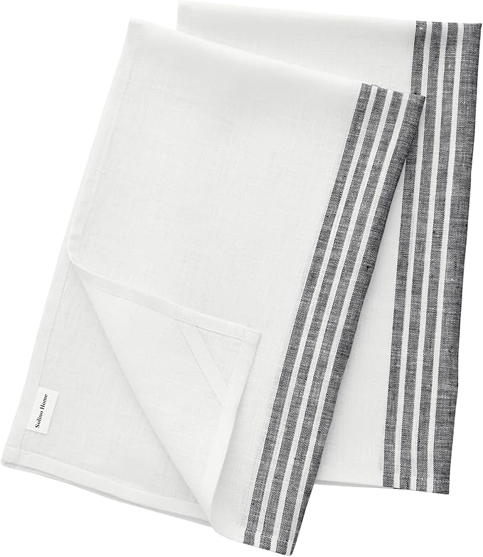 Solino Home Black and White Linen Kitchen Towels Set of 2-100% Pure Linen 17 x 26 Inch Farmhouse Tea Towels with Hanging Loop - European Flax Kitchen Dish Cloth - Quick Dry & Machine Washable