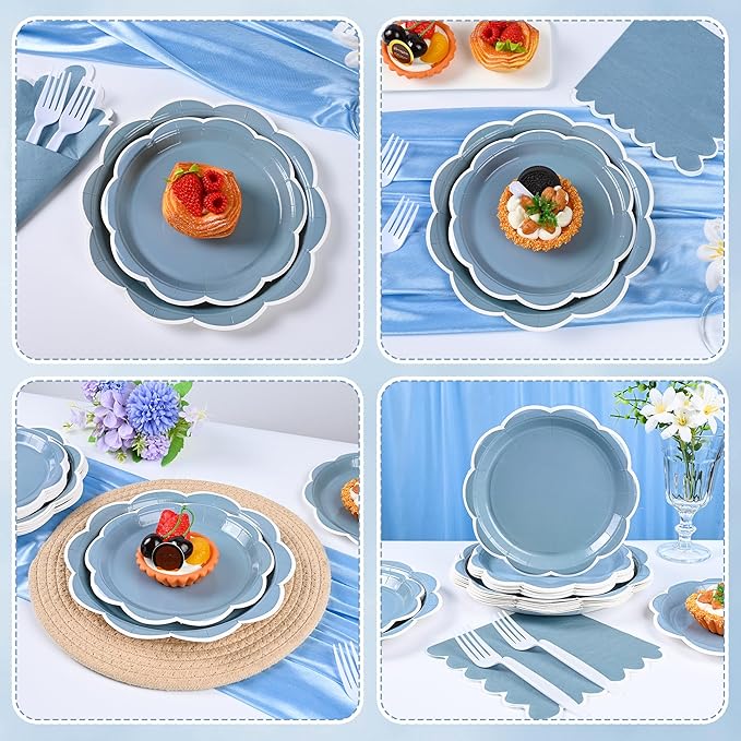 96 Pcs Dusty Blue and White Paper Plates and Napkins Set, Tableware set for 24 Guest include Baby Blue Dinner Plates with White Scalloped Edge, Napkins and Forks for Baby Boy Shower, Wedding, Birthday