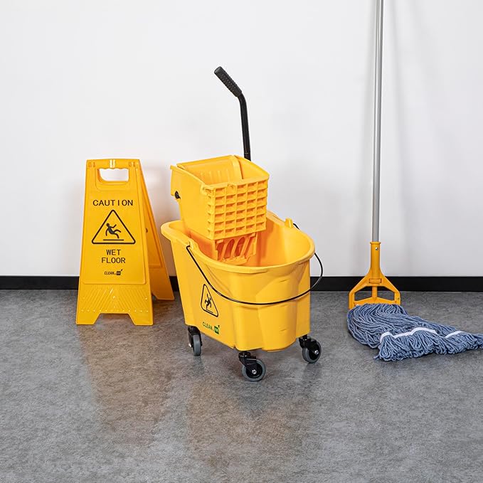 Restaurantware RW Clean 38 Quart Industrial Mop Bucket 1 Combo Mop Wringer Bucket - With Side Press Wringer Built-In Casters Yellow Plastic Commercial Mop Bucket Carry Handle For Commercial Use